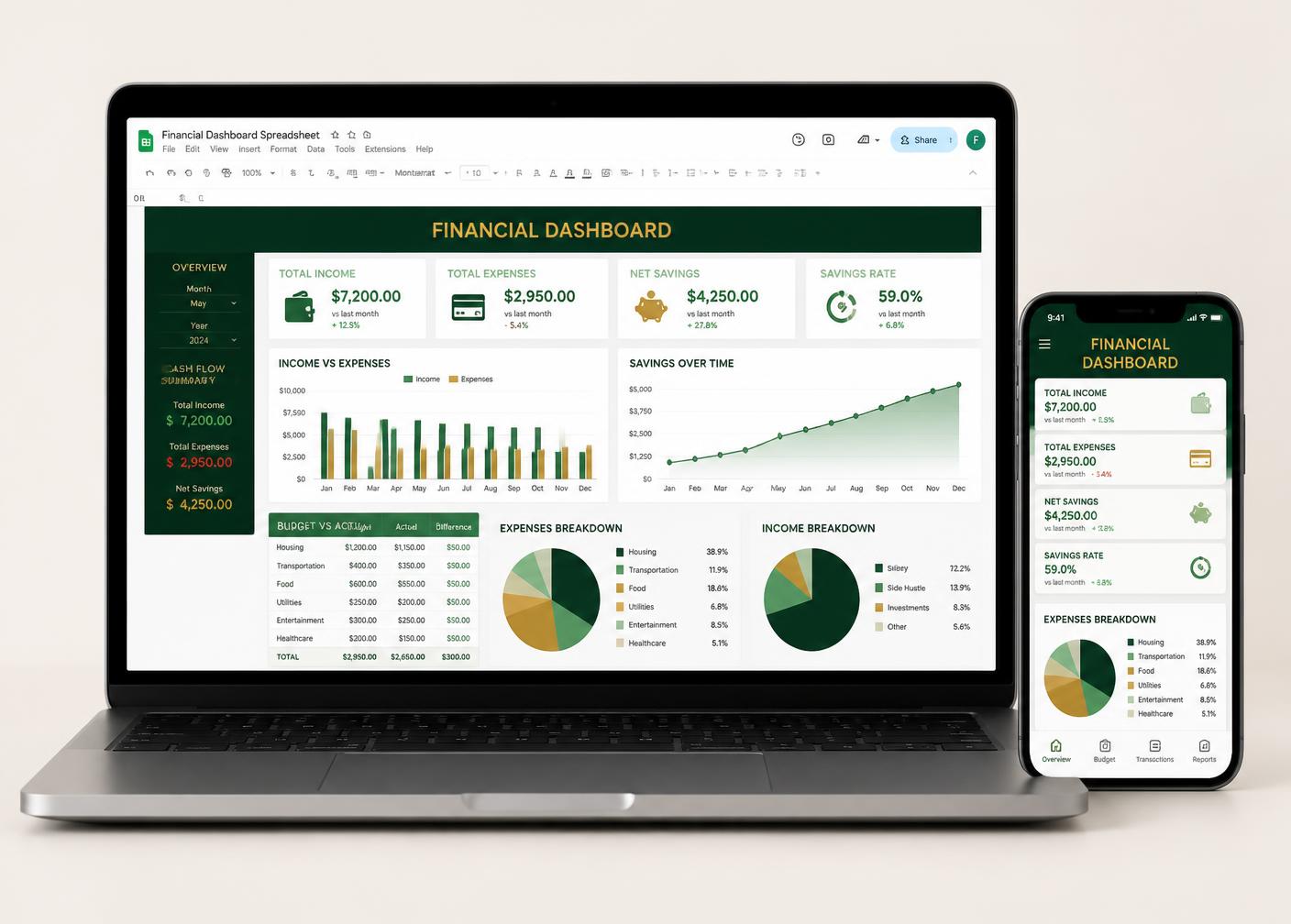Planilha Finança Simples aberta no computador e no telemóvel